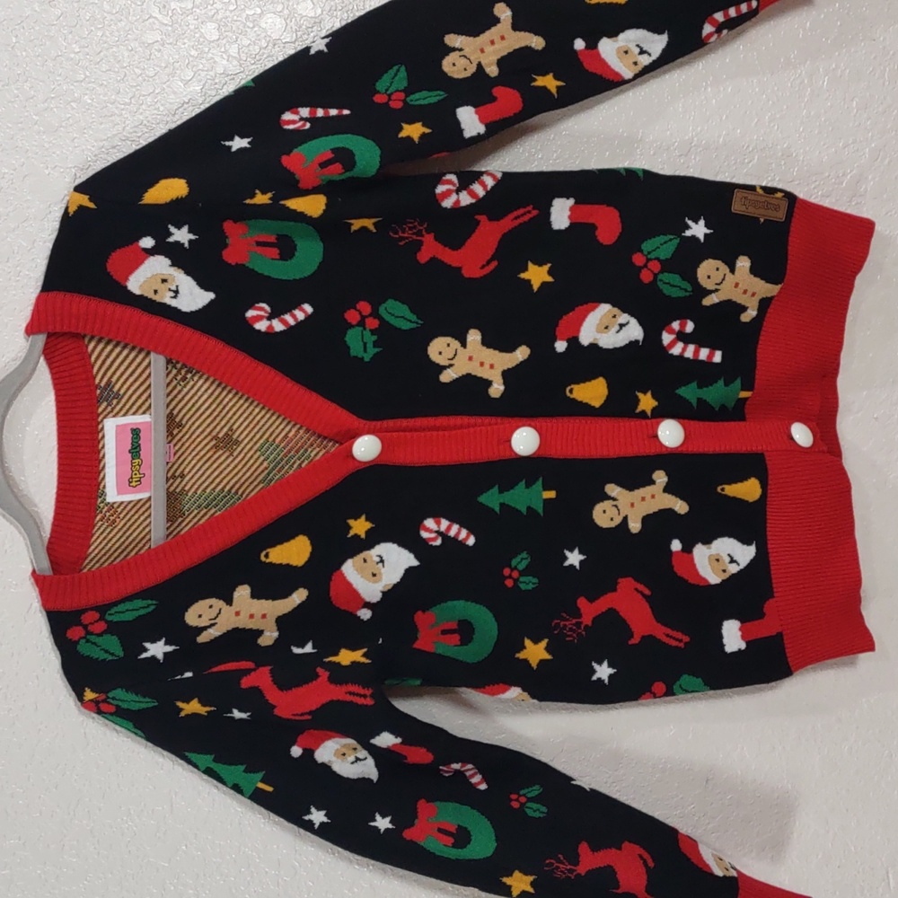 Tipsy Elves Black Cardigan with Red Trim and Festive Motifs - Picture 3 of 17
